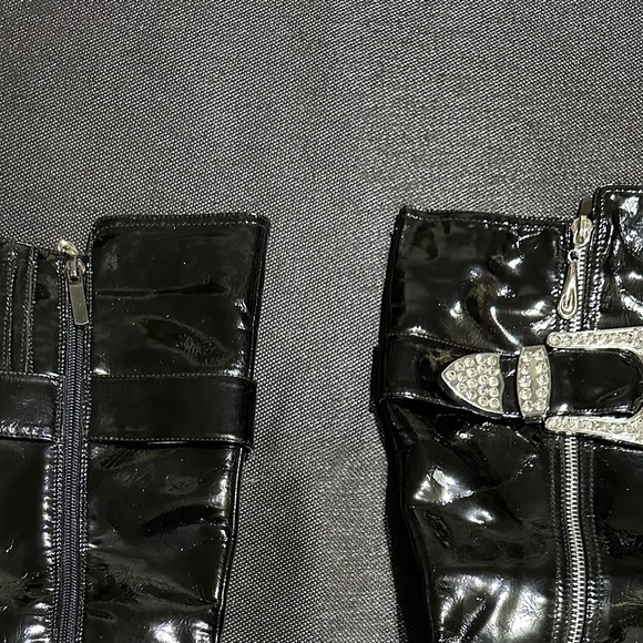 Black Patent Leather Boots with Diamond Stud Buckle, Size 8 - Picture 2 of 11